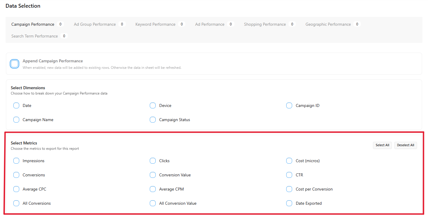 Google Ads Metrics Selection