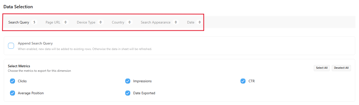 Search Console Dimension Tabs